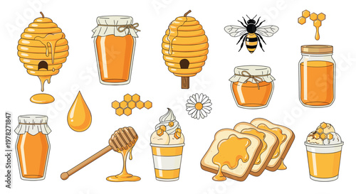 Collection of honey-related illustrations including beehives, bees, honey jars, and foods like ice cream and toast with honey for design.