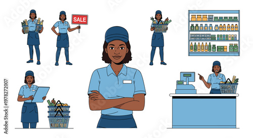 Collection of a female grocery store employee in different poses including cashier, stocking shelves, and holding shopping baskets at work.