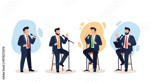 Four different businessmen in formal suits speaking into microphones while sitting or standing during a public presentation or press conference.