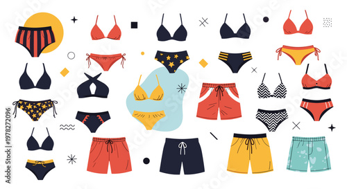 Large collection of various men and women's swimwear styles including bikinis, swim trunks, and one-piece suits in many colors and patterns.