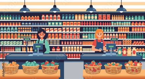 Modern supermarket interior with two friendly female cashiers working at the counters and shelves fully stocked with various grocery products.