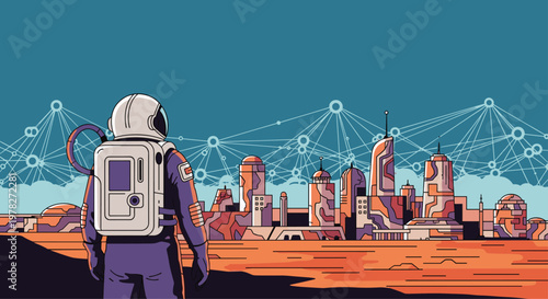 Brave astronaut in a space suit looking at a futuristic city on a red planet with a complex digital network in the sky above the horizon.