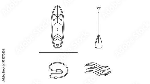 Paddleboard Kit Illustration: A detailed line art illustration showcasing all the essential elements of a paddleboard kit, ready for adventure on the water.