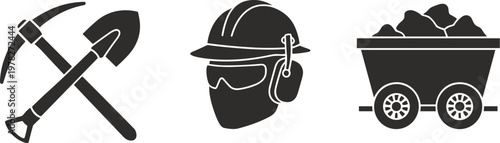 Icons of mining tools safety gear and coal cart Keywords: mining, industry, tools, pickaxe