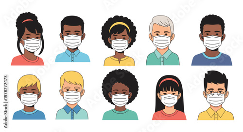 Diverse group of people of different ages and ethnicities wearing white medical face masks for protection against viruses and air pollution.