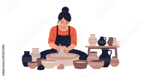 Skilled female artisan working on a pottery wheel to create a clay vase in a workshop surrounded by many handmade ceramic pots.