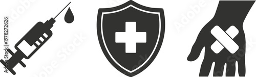 Medical icons syringe shield and bandaged hand health