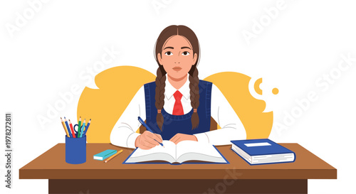Serious schoolgirl with braids sitting at a wooden desk and writing in her notebook while studying her lessons in a classroom or at home.