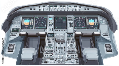 Jet cockpit dashboard illustration featuring detailed instrumentation and controls