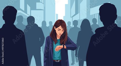 Lonely and sad young woman standing in a crowded city street while looking at her watch, feeling lost or late among many silhouettes of people.