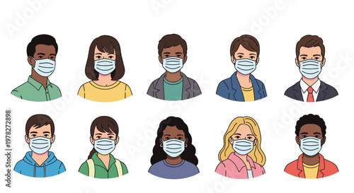 Large collection of diverse avatars of men and women wearing medical face masks to show the global impact of a health pandemic or crisis.