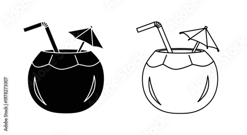 Two coconut drinks with straws and umbrellas black and white silhouette