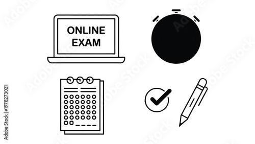 Online Exam Elements: Illustrative elements convey the key components of an online examination: a laptop displaying ONLINE EXAM, a stopwatch, a calendar, a checkmark, and a pen.