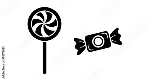Black and white candy icons a lollipop and wrapped sweet silhouette