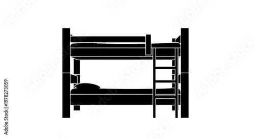 Simple black silhouette of a wooden bunk bed against a white background