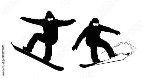 Snowboarders in action dynamic poses captured as a striking silhouette