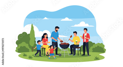 Happy group of friends and family having a barbecue party in a green park on a sunny day with grilled meat, drinks, and children playing.