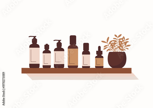 Shelf with Skincare Bottles and Plant toiletries cosmetics