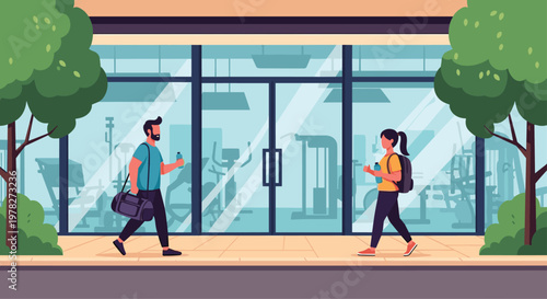 Urban street scene showing a fit man and woman with gym bags and water bottles entering or leaving a modern fitness club through glass doors.