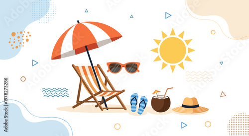 Summer vacation with beach umbrella, deck chair, sunglasses, flip-flops, straw hat, coconut drink. design for travel, tourism, holiday, and resort concepts. flat cartoon vector illustration.