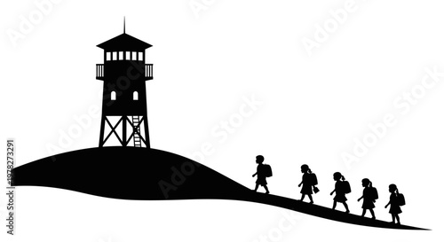 People walking towards a tower in a stark black silhouette