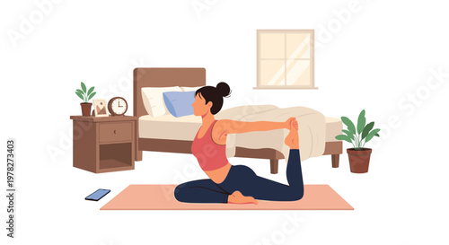 Young woman practicing pigeon pose yoga in her bedroom for morning stretching, meditation, and relaxation while staying at home.