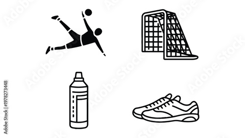 Soccer Essential Icons: Minimalist illustrations of soccer-related elements: A player in mid-air, a goal, a water bottle, and athletic footwear. Evokes the energy and essentials of the game.