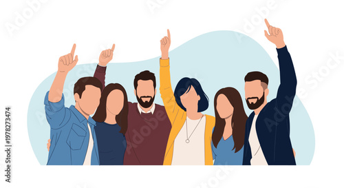 Group of happy diverse friends standing together and pointing their fingers up towards the sky in joyful celebration of success.