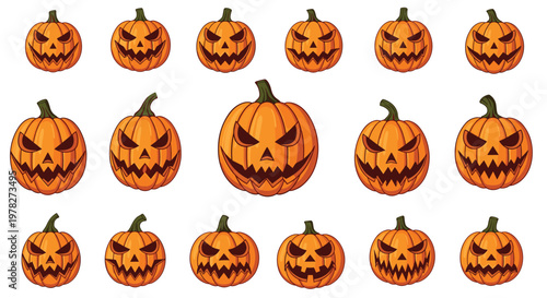 Large collection of carved Halloween jack-o-lantern pumpkins with various scary, spooky, and creepy facial expressions.