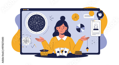 Professional psychic woman offering esoteric services like tarot card reading and astrology through a modern laptop screen.