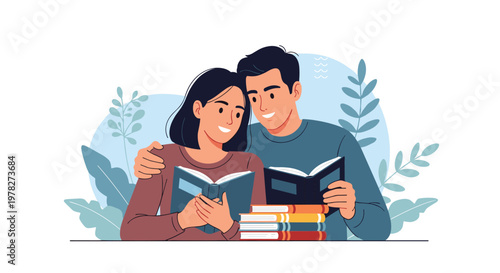 Happy young couple sitting together on the floor and enjoying reading books in a cozy atmosphere surrounded by green plants.