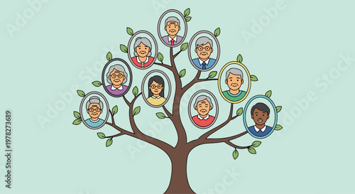 Detailed family tree illustration showing multiple generations of diverse family members in circular frames on green leaves.