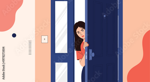 Curious young woman peeking out cautiously from behind a slightly open blue front door of her modern house or apartment.
