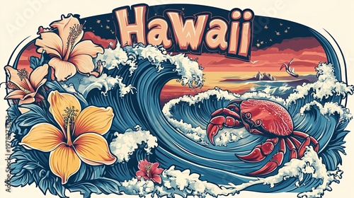 A vibrant sunset glows behind a crashing wave, hibiscus flowers, and a red crab. The lively image evokes tropical beauty, adventure, and the laid-back spirit of Hawaii.