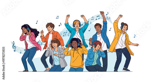 Group of happy young people wearing headphones and dancing together at a silent disco party with floating music notes.