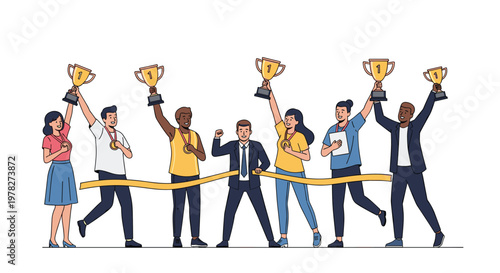 Successful business team celebrating their victory by holding golden trophies and medals at the finish line of a race.