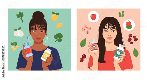 Two diverse young women holding bottles of vitamin supplements surrounded by healthy organic food icons and fresh fruits.