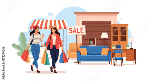Two happy women with shopping bags walking past a furniture yard sale with a sofa, desk, and old wooden wardrobe.