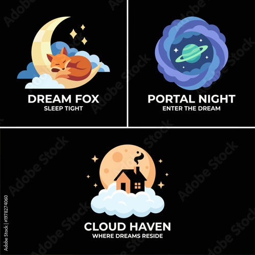 This whimsical logo design showcases a sleepy fox against a dreamy backdrop, conveying feelings of comfort and tranquility, ideal for a sleep or relaxation-oriented brand.
