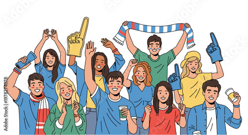 Excited group of diverse sports fans cheering and celebrating with large foam fingers and team scarves at a big game.