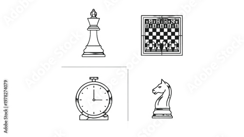 Chess Set Illustration: An illustration showcasing chess game equipment on white backdrop, including the chess piece, chess board, and chess timer.