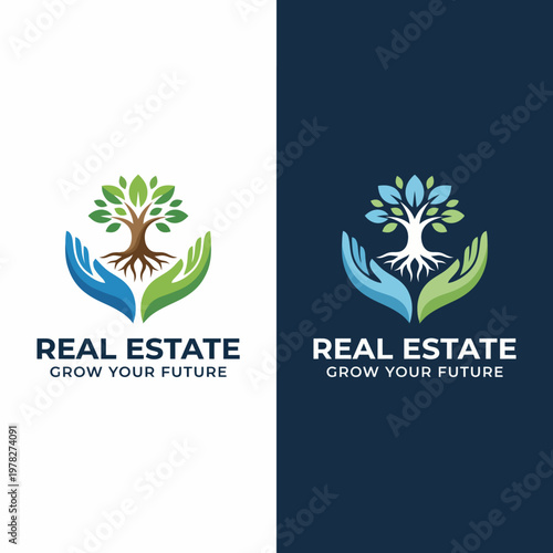 This logo design portrays the concept of growth in real estate, featuring a tree and hands, symbolizing nurturing futures in property investment and homeownership.