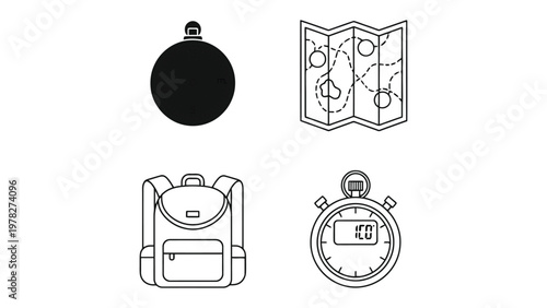 Embark on Adventure: Collection of outline icons, a compass, detailed map, a sturdy backpack and precision stopwatch. The essential travel toolkit to chart a course for your next adventure.