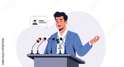 Professional young man giving a official statement or interview at a press conference with multiple microphones on a podium.