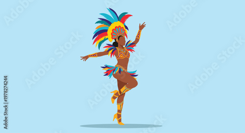 Beautiful Brazilian carnival dancer in a colorful feather costume performing a traditional samba dance on a blue background.