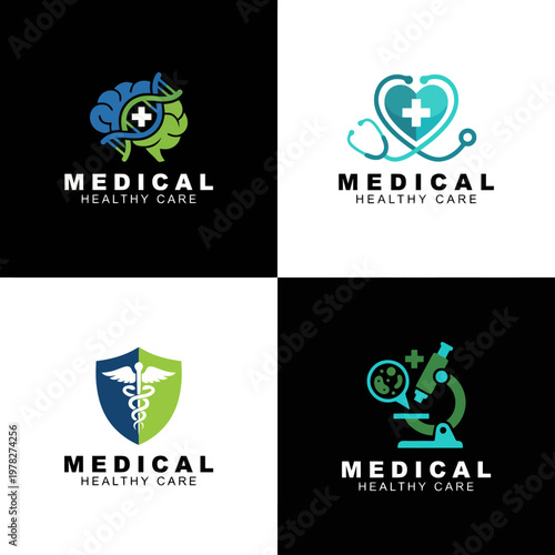 A collection of medical logos that effectively highlight various aspects of healthcare, such as brain health, heart care, and medical equipment.