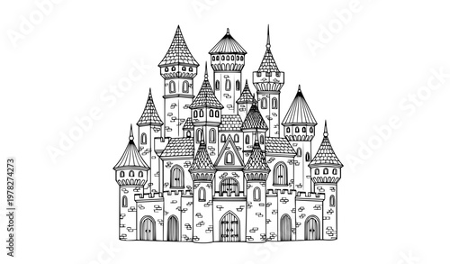 SEO Title
Fantasy Castle Outline Illustration Black and White Royal Palace Coloring Page Vector
