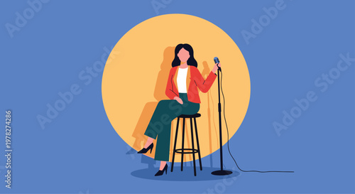 Professional female stand-up comedian performing on stage with a microphone in front of a bright yellow spotlight.