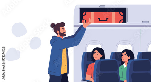 Male passenger putting his orange suitcase into the overhead luggage compartment inside an airplane cabin during boarding.