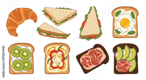 Delicious collection of different sandwiches and breakfast toasts with fried egg, avocado, meat, and fresh vegetables.